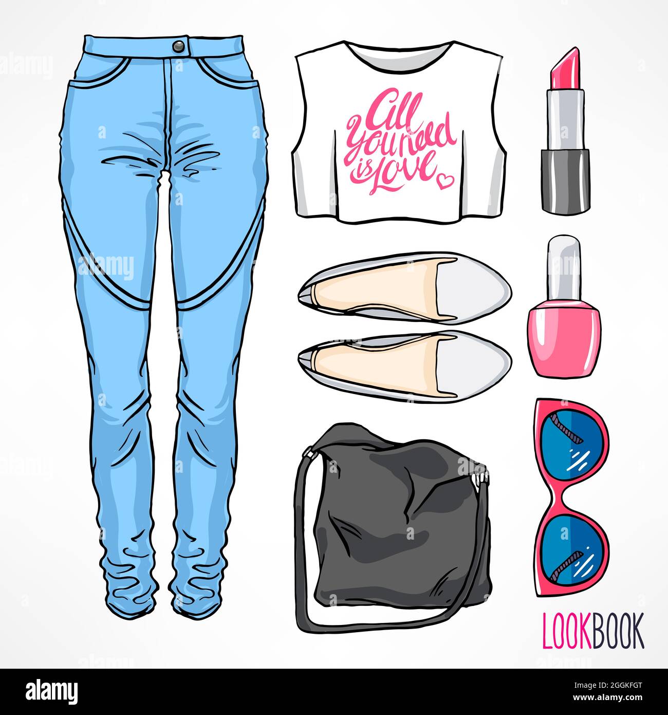 Tenue estivale pour femme. Jeans et accessoires. Dessin à la main Illustration de Vecteur