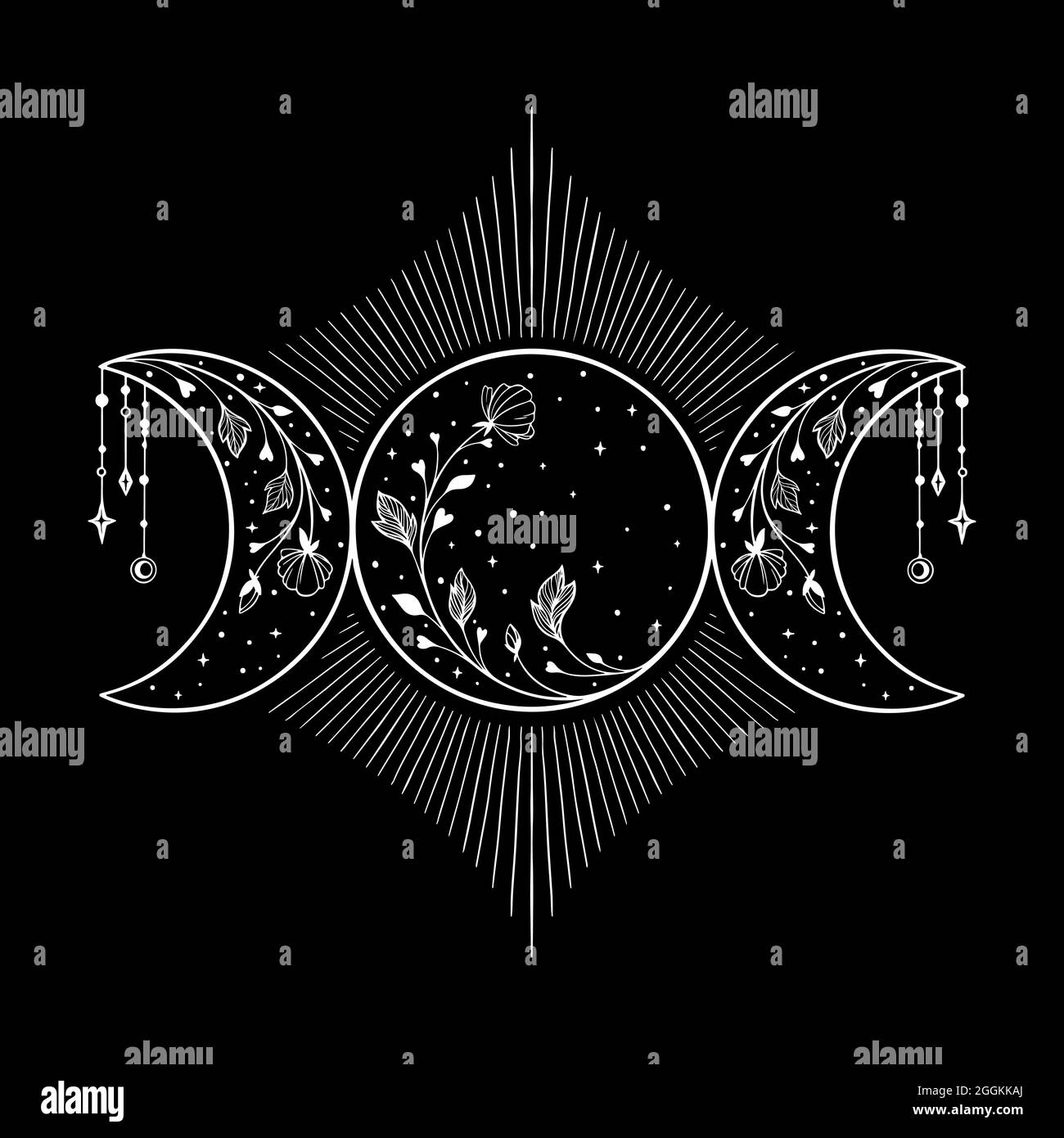 Triple lune avec fleurs et étoiles Illustration de Vecteur