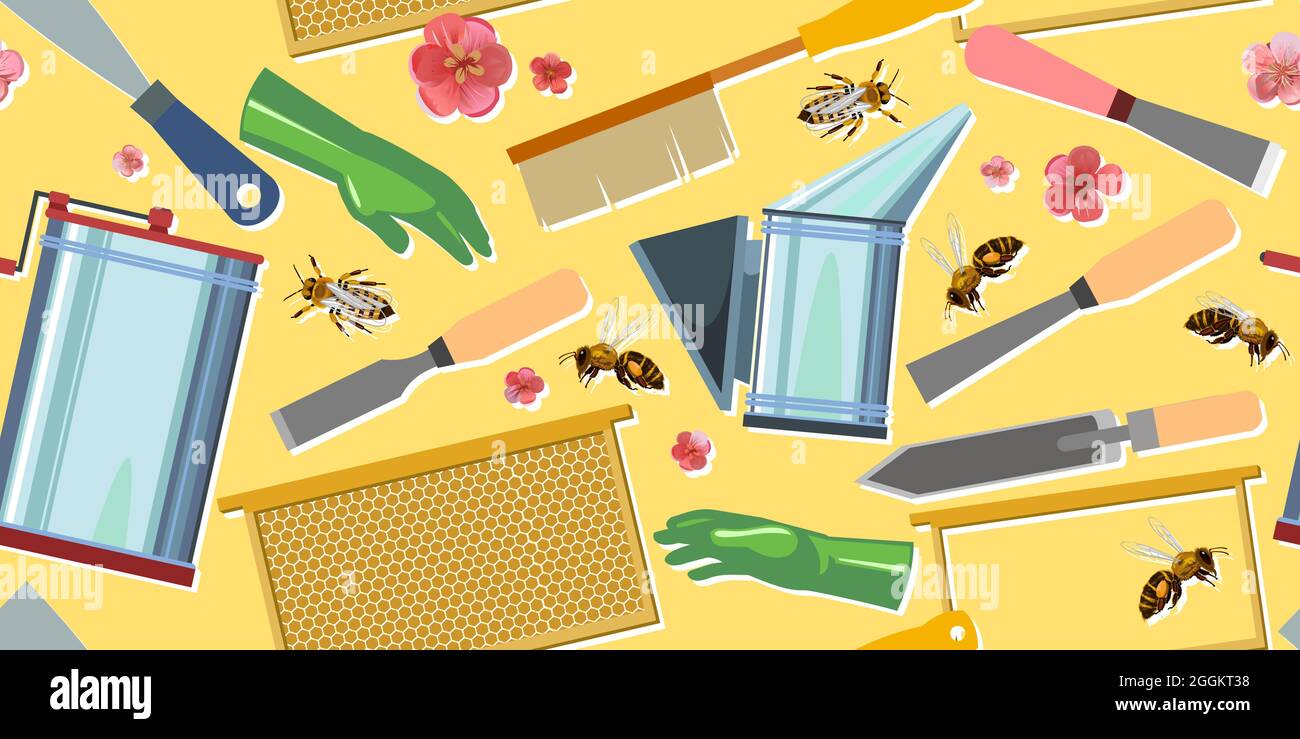 Équipement d'apiculture. Motif horizontal sans couture. Extracteur de miel et fumeur. Étamines, couteaux et brosses. Cadre sans cire ni nid d'abeille. Gants, b Illustration de Vecteur