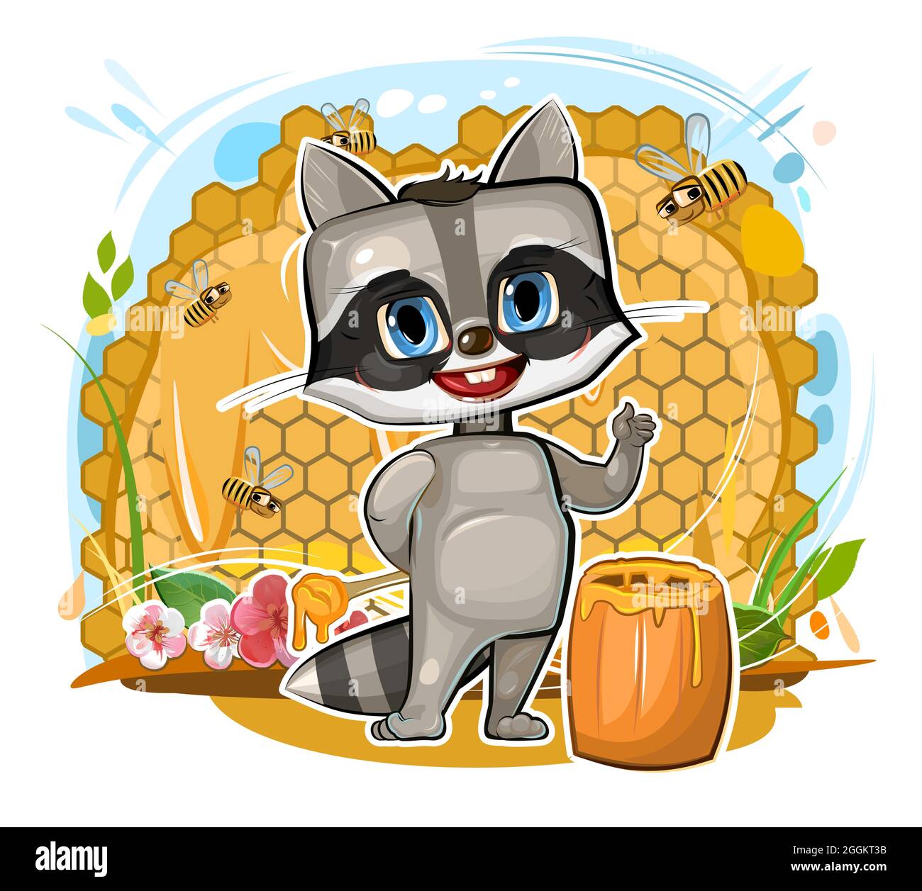 Miel. Petit Raccoon de style caricature sur fond de nids d'abeilles, de fleurs, d'abeilles et de tonneaux. Jeune gardien d'animaux joyeux. Drôle de puildish malade Illustration de Vecteur