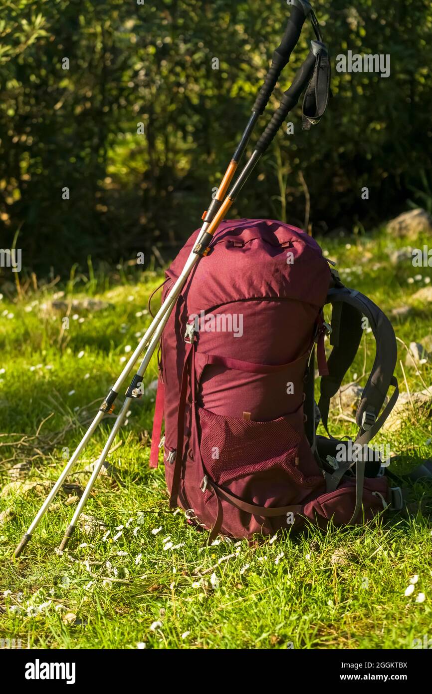 Un sac à dos de randonnée violet avec équipement de camping. Banque D'Images