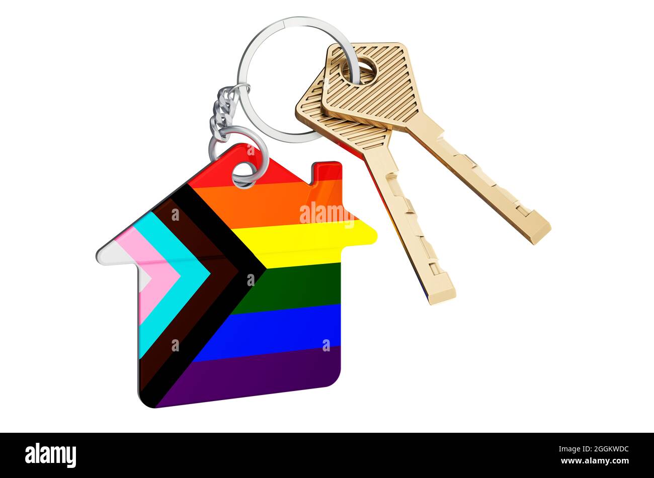 Porte-clés à la maison avec drapeau LGBTQ moderne. Rendu 3D isolé sur fond blanc Banque D'Images