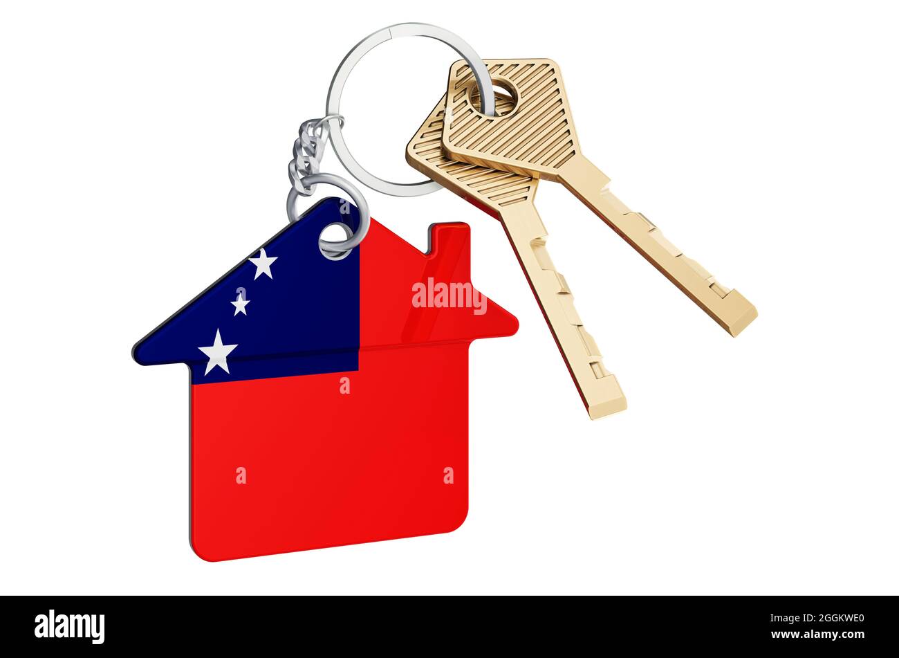 Immobiliers à Samoa. Porte-clés à la maison avec drapeau Samoan. Concept de propriété, de loyer ou d'hypothèque. Rendu 3D isolé sur fond blanc Banque D'Images