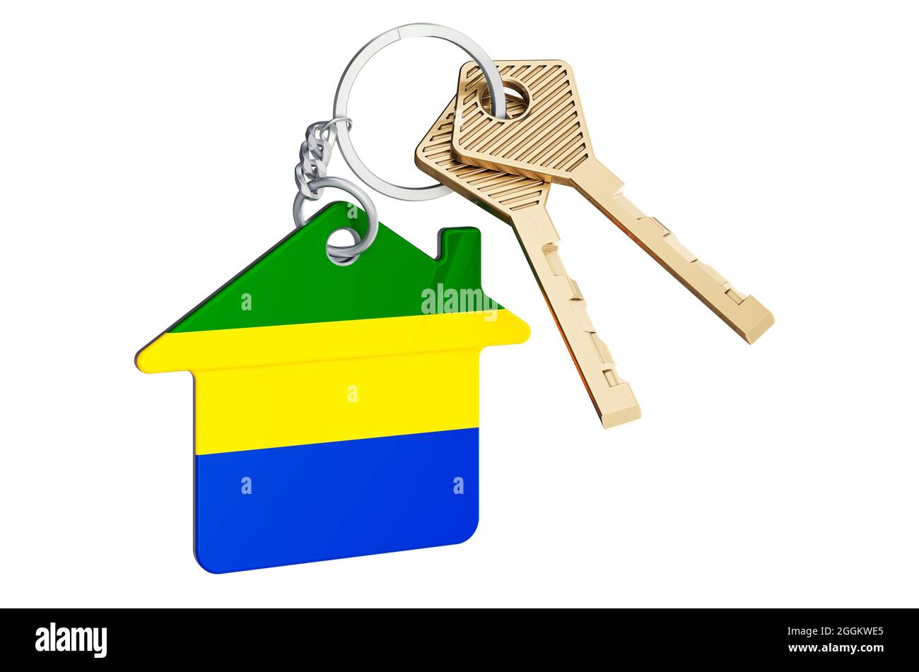 Immobilier au Gabon. Porte-clés maison avec drapeau gabonais. Concept de propriété, de loyer ou d'hypothèque. Rendu 3D isolé sur fond blanc Banque D'Images