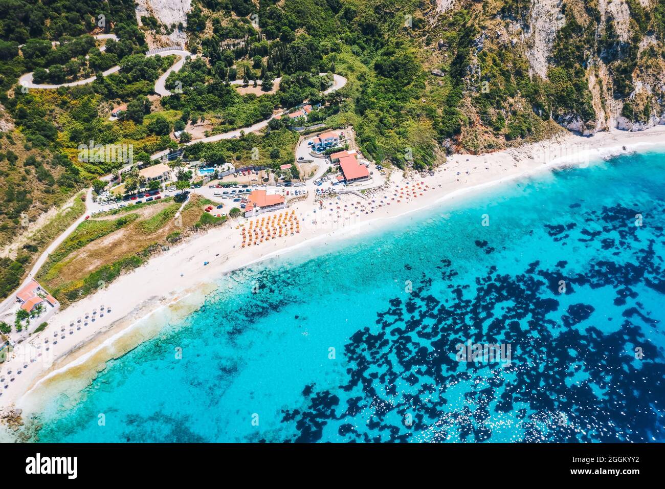 Vue aérienne de Petani Beach sur l'île de Kefalonia, Grèce, Banque D'Images