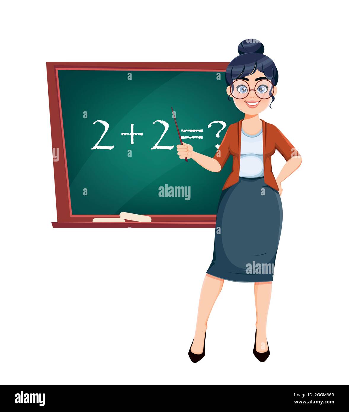 Bonne journée Techer. Jolie femme enseignante personnage de dessin animé debout près du tableau noir pendant la leçon de mathématiques. Illustration du vecteur de stock. Illustration de Vecteur
