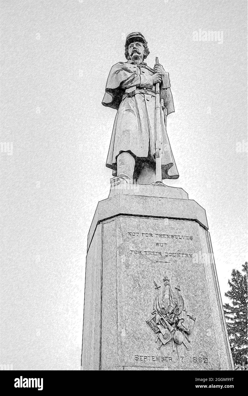 Illustration en niveaux de gris du Soldier Monument privé au crépuscule dans le cimetière national d'Antietam à Sharpesburg, Maryland. Banque D'Images