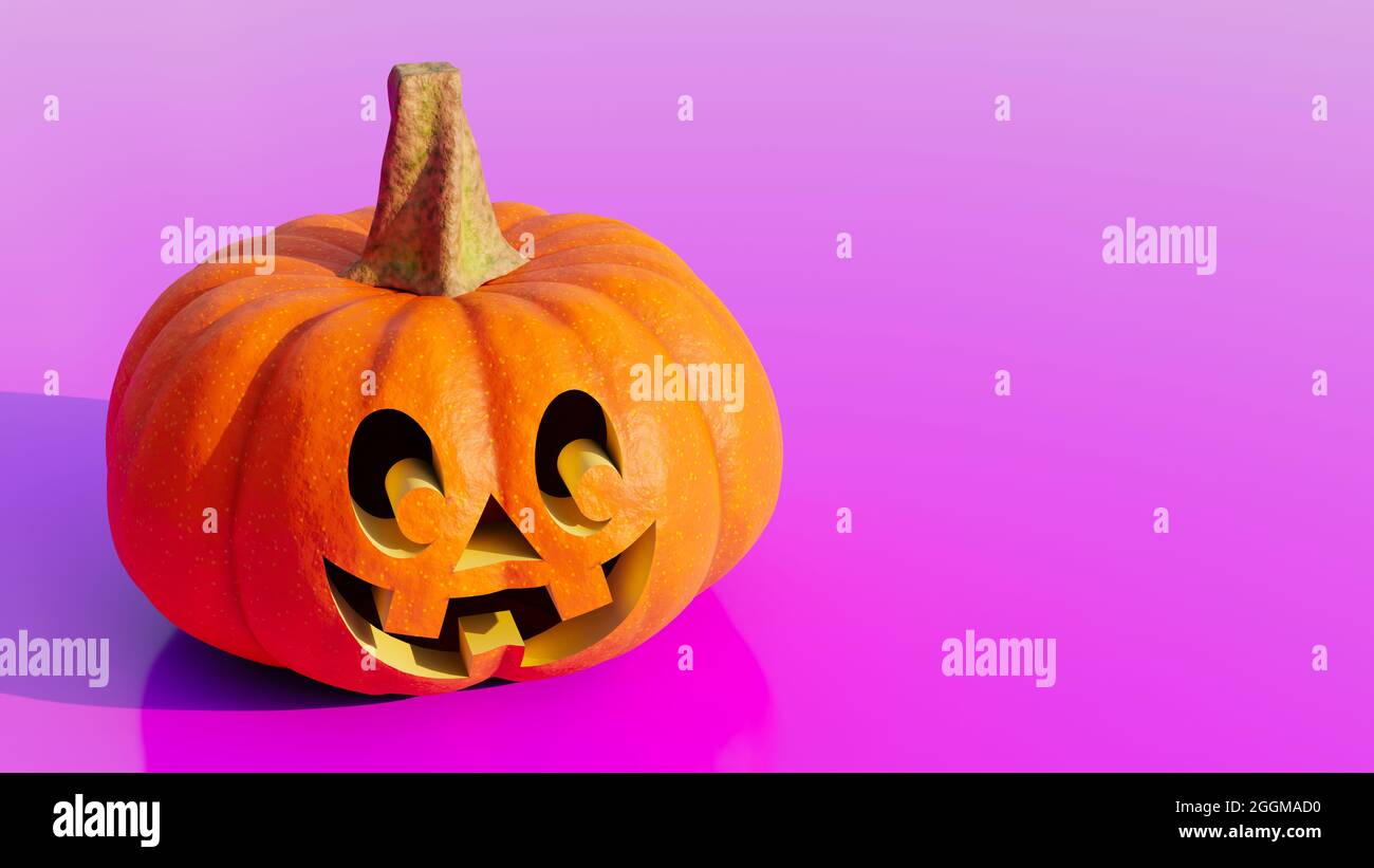Citrouille d'Halloween avec un sourire drôle sur son visage. Citrouille sculptée avec espace pour les copies sur fond violet. Illustration du rendu 3D. Banque D'Images