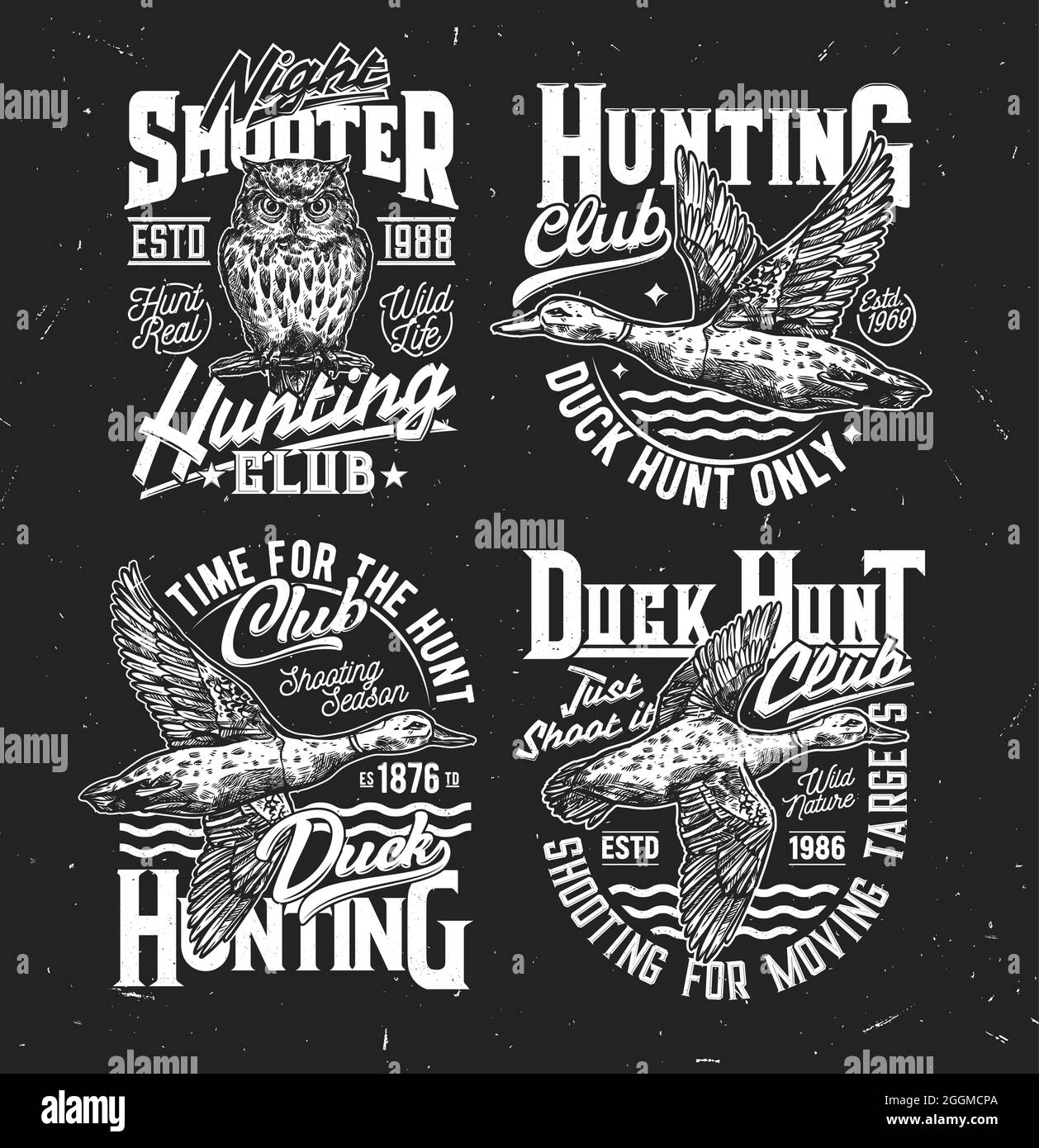 Imprimés de t-shirts avec canard et hibou, mascottes vectorielles pour la société de chasse ou club de chasseurs. Typographie de colvert et de grunge volante pour la conception de vêtements. Wi Illustration de Vecteur