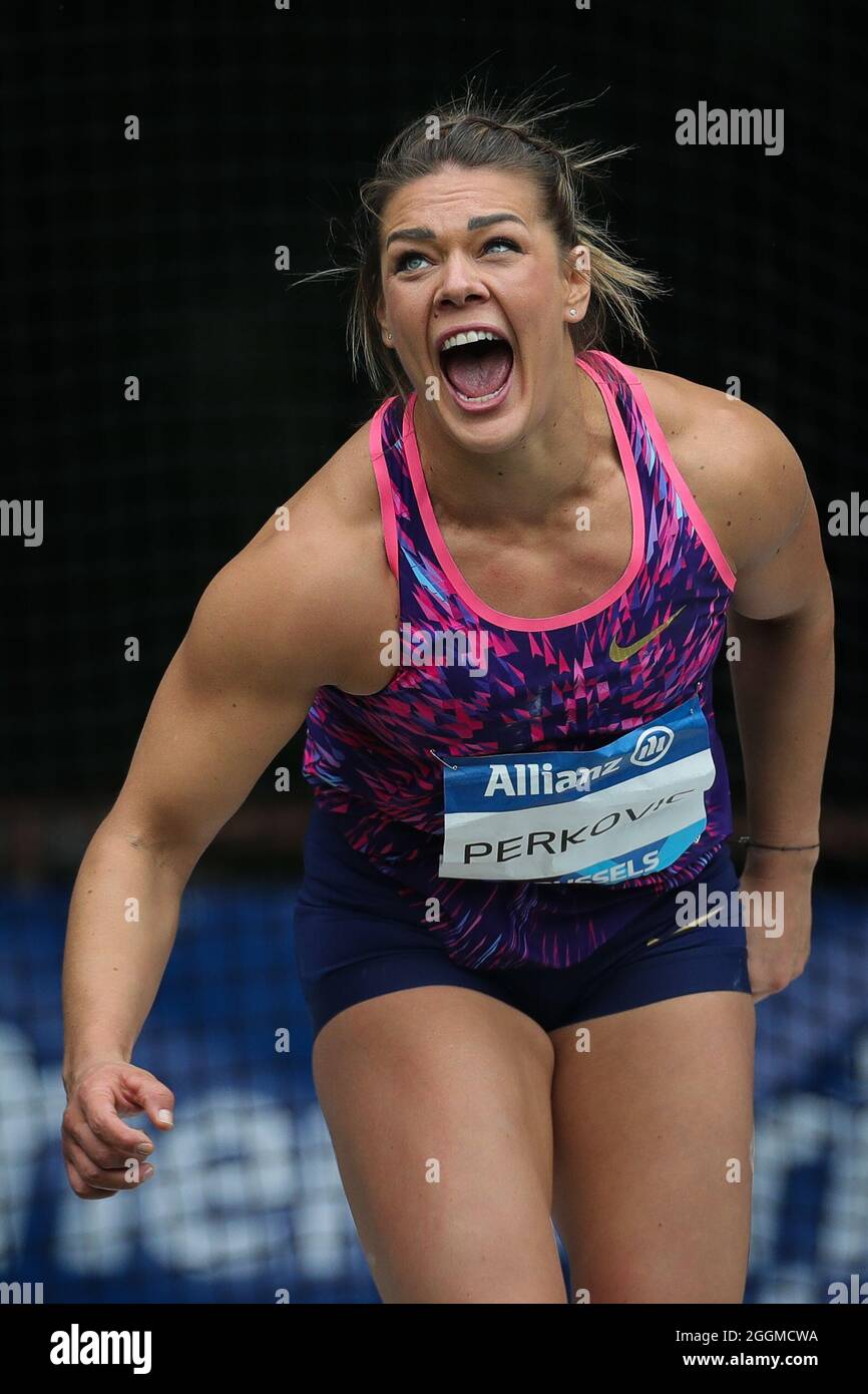 Bruxelles, Belgique. 1er septembre 2021. Sandra Perkovic, de Croatie, réagit pendant le Discus Throw Women de la Wanda Diamond League de Bruxelles, dans le Bois de la Cambre à Bruxelles, Belgique, le 1er septembre 2021. Credit: Zheng Huansong/Xinhua/Alay Live News Banque D'Images