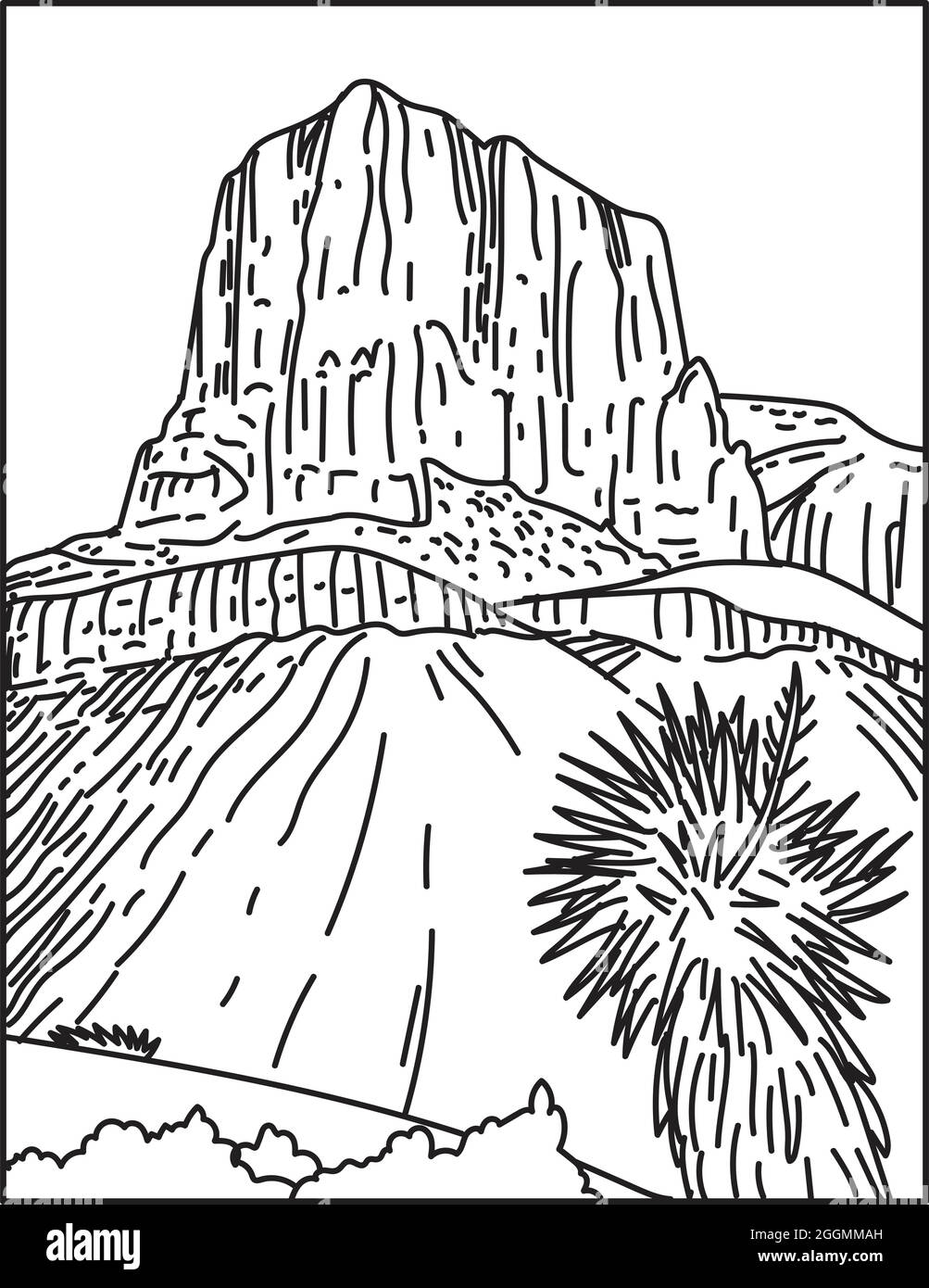 Illustration mono-ligne du parc national des montagnes Guadalupe dans l'ouest du Texas USA fait dans rétro noir et blanc monoline ligne art style affiche. Illustration de Vecteur