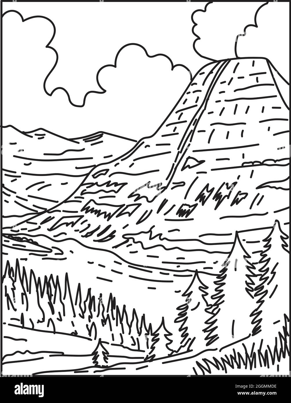 Illustration monoligne du parc national des Glaciers avec Hidden Lake dans les montagnes Rocheuses situé dans le Montana, États-Unis fait en rétro noir et blanc monol Illustration de Vecteur
