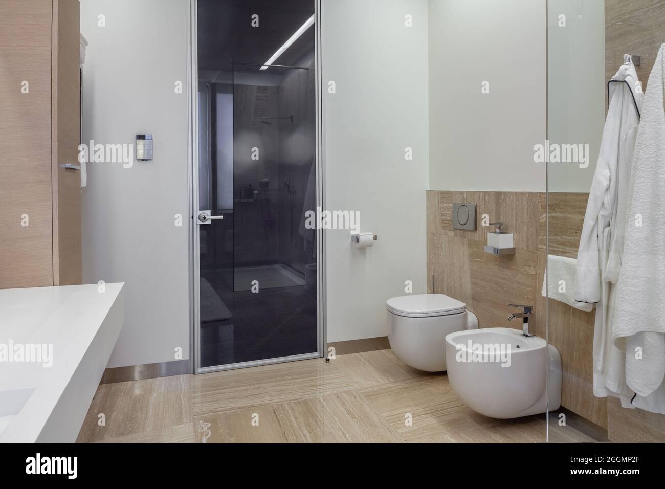 Salle de bains intérieure avec toilettes murales, bidet et cabine de douche Banque D'Images