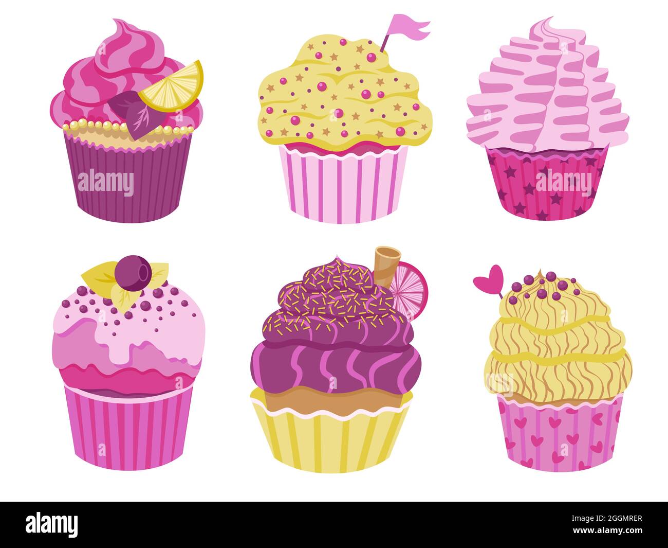 Ensemble de petits gâteaux à la crème et aux baies. Délicieux dessert dans un décor différent. Collection de muffins aux saupoudrés roses et violets. Vecteur Illustration de Vecteur