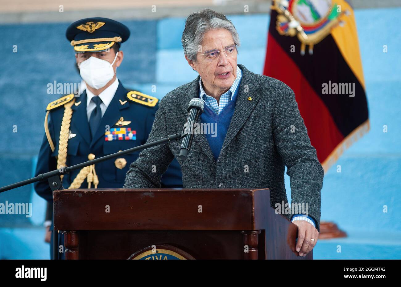 Quito, Équateur. 1er septembre 2021. Guillermo Lasso, président de l'Équateur, prononce un discours d'ouverture pour l'année scolaire.en Équateur, le retour progressif aux classes a été effectué de la même manière que celui qui a 30% des élèves au milieu des mesures de sécurité et compte déjà sur la vaccination, Plusieurs écoles de la Sierra et de l'Amazonie équatorienne sont retournées dans les salles de classe. Lors de cet événement qui s'est tenu à l'unité éducative de Manuela Cañizares à Quito, le Président du pays, Guillermo Lasso, et le Ministre de l'éducation, Marìa Bronw, étaient présents. Crédit : SOPA Images Limited/Alamy Live News Banque D'Images