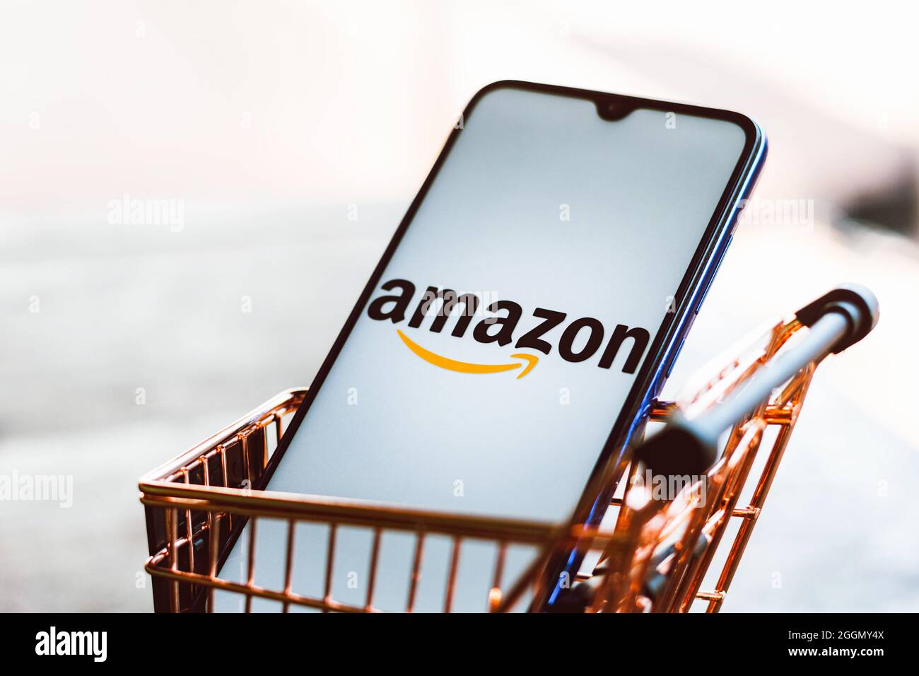 Brésil. 1er septembre 2021. Dans cette illustration, un logo Amazon s'affiche sur un smartphone avec un panier. Crédit : SOPA Images Limited/Alamy Live News Banque D'Images