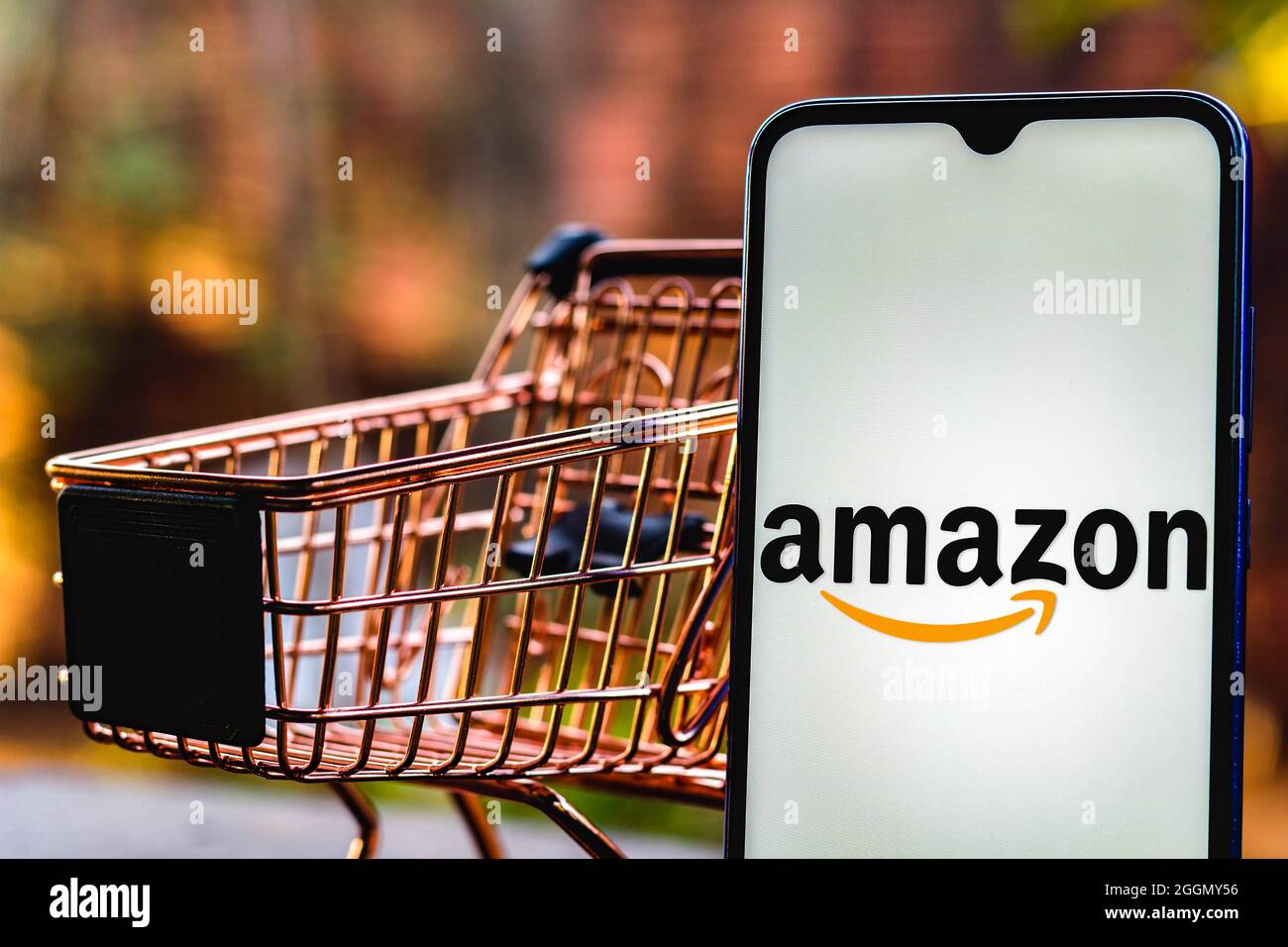 Brésil. 1er septembre 2021. Dans cette illustration, un logo Amazon s'affiche sur un smartphone avec un panier. Crédit : SOPA Images Limited/Alamy Live News Banque D'Images