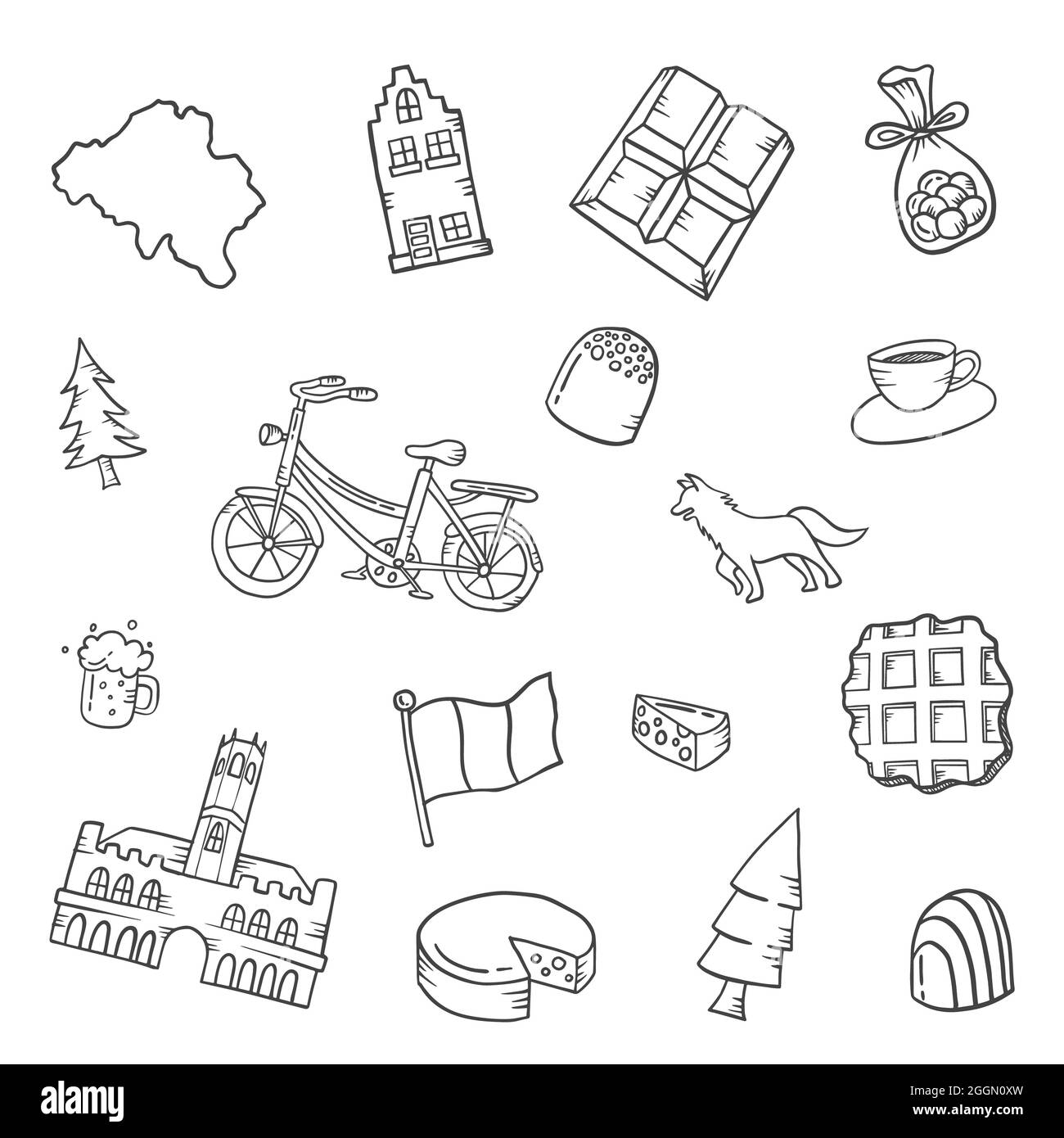 belgique pays nation doodle collections de jeux dessinées à la main avec dessin vectoriel de style noir et blanc Banque D'Images