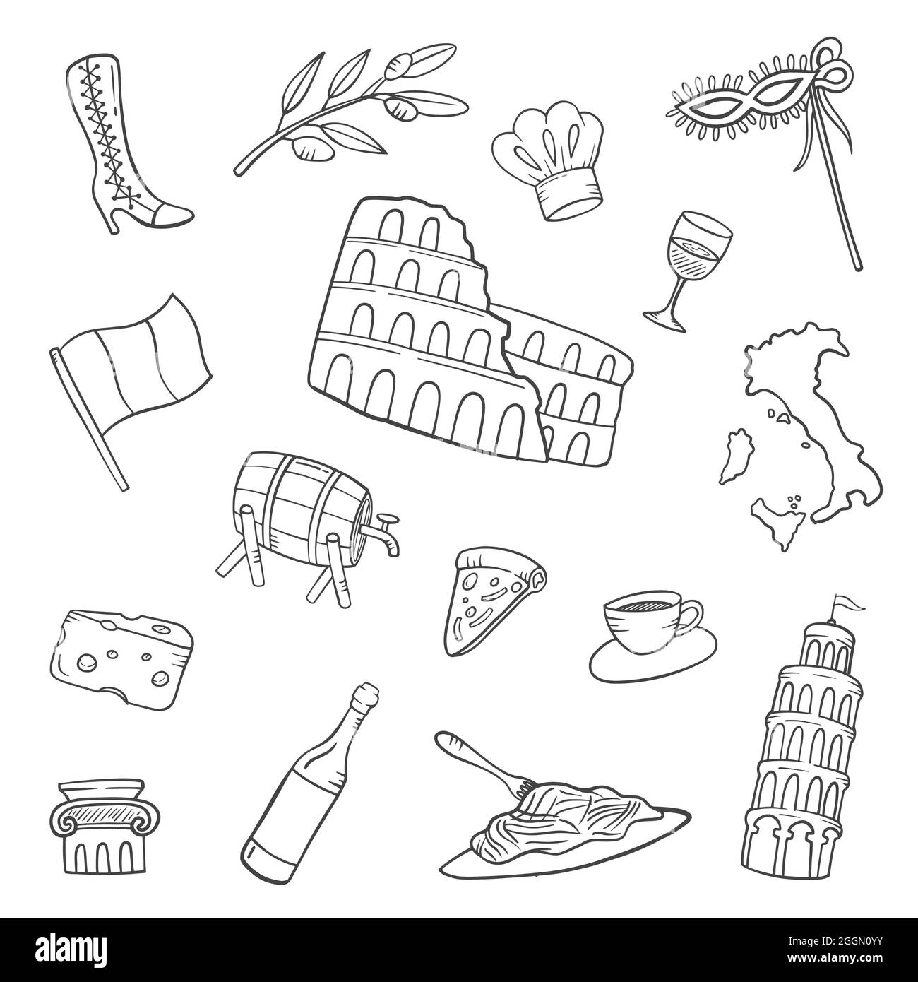 italie pays nation doodle collections de jeux dessinées à la main avec dessin vectoriel de style noir et blanc Banque D'Images