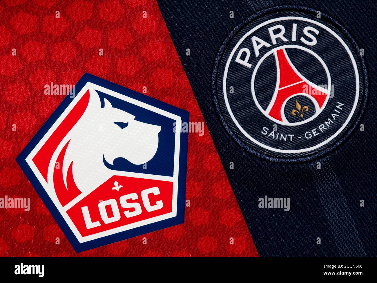 Gros plan sur l'écusson du club OSC et PSG de Lille. Banque D'Images