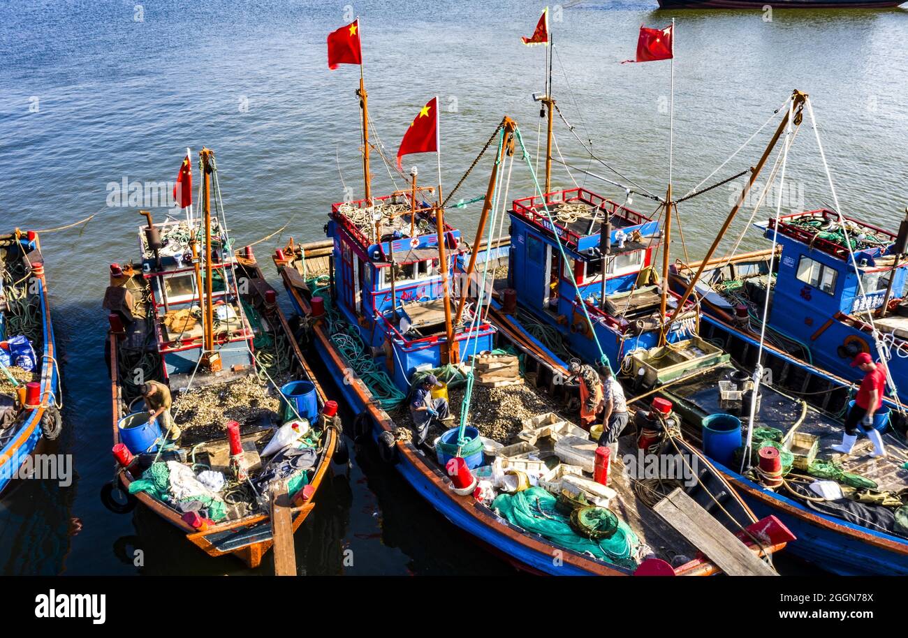 2 septembre 2021, Chine : À 12 h 00, le 1er septembre, la mer jaune et la mer de Bohai dans la mer jaune et la mer de Bohai en Chine pendant quatre mois, la période de pêche estivale de 2021 dans la mer jaune et la mer de Bohai a pris fin et les bateaux de pêche dans les zones de pêche de la mer jaune et de Bohai ont commencé à pêcher lors des inondations d'automne. (Image de crédit : © SIPA Asia via ZUMA Press Wire) Banque D'Images