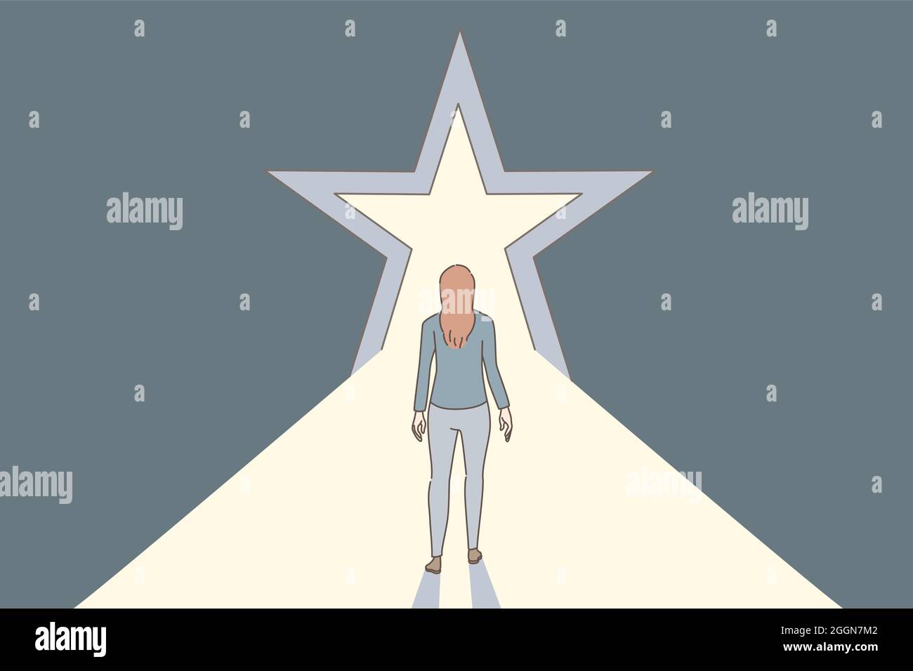Opportunités, meilleur avenir et concept de leadership. Femme debout en arrière et regardant devant l'entrée du tunnel d'étoiles à l'illustration de vecteur futur devant Illustration de Vecteur