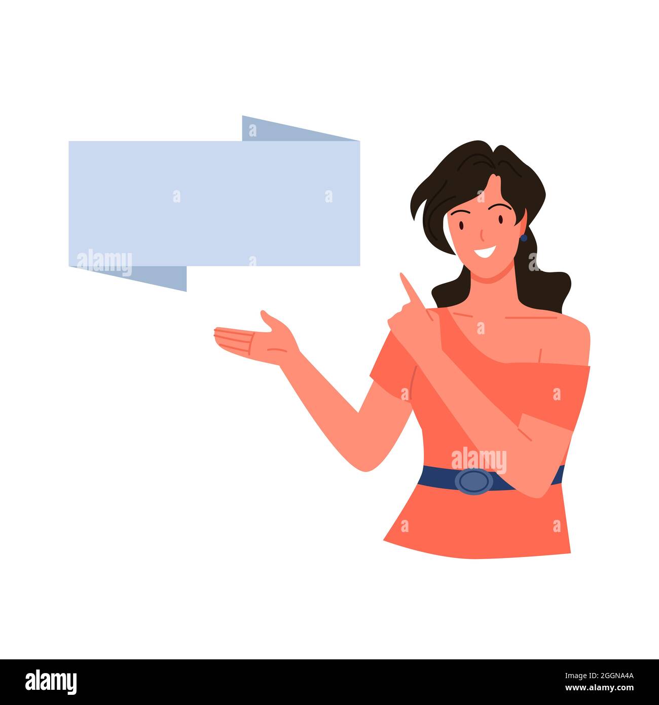Femme montrant la bannière carte vierge, personnage de femme pointant vers l'affiche pour montrer la présentation Illustration de Vecteur