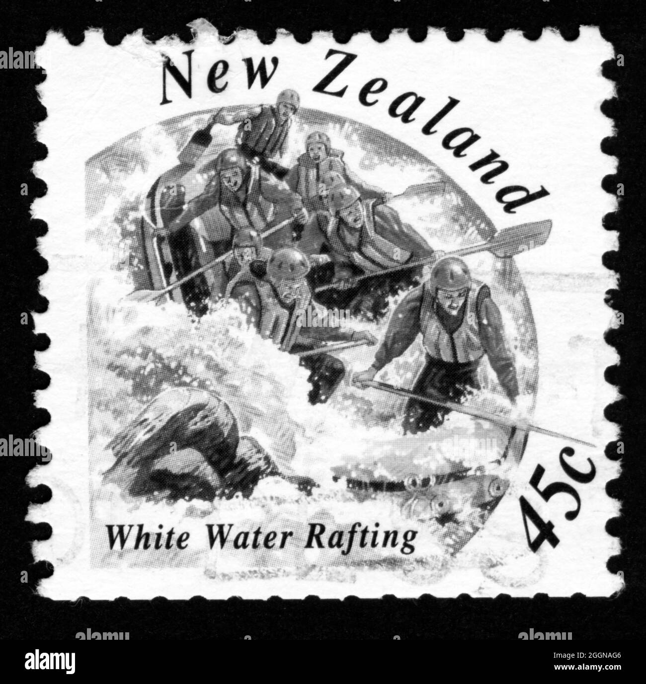 Timbre imprimé en Nouvelle-Zélande, rafting en eau vive Banque D'Images