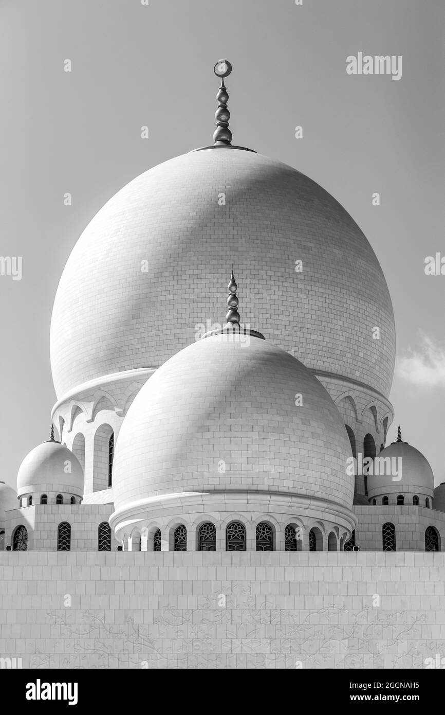 ABU DHABI, eau - 31 DÉCEMBRE 2019 : dômes de la Grande Mosquée Sheikh Zayed à Abu Dhabi, eau en noir et blanc Banque D'Images