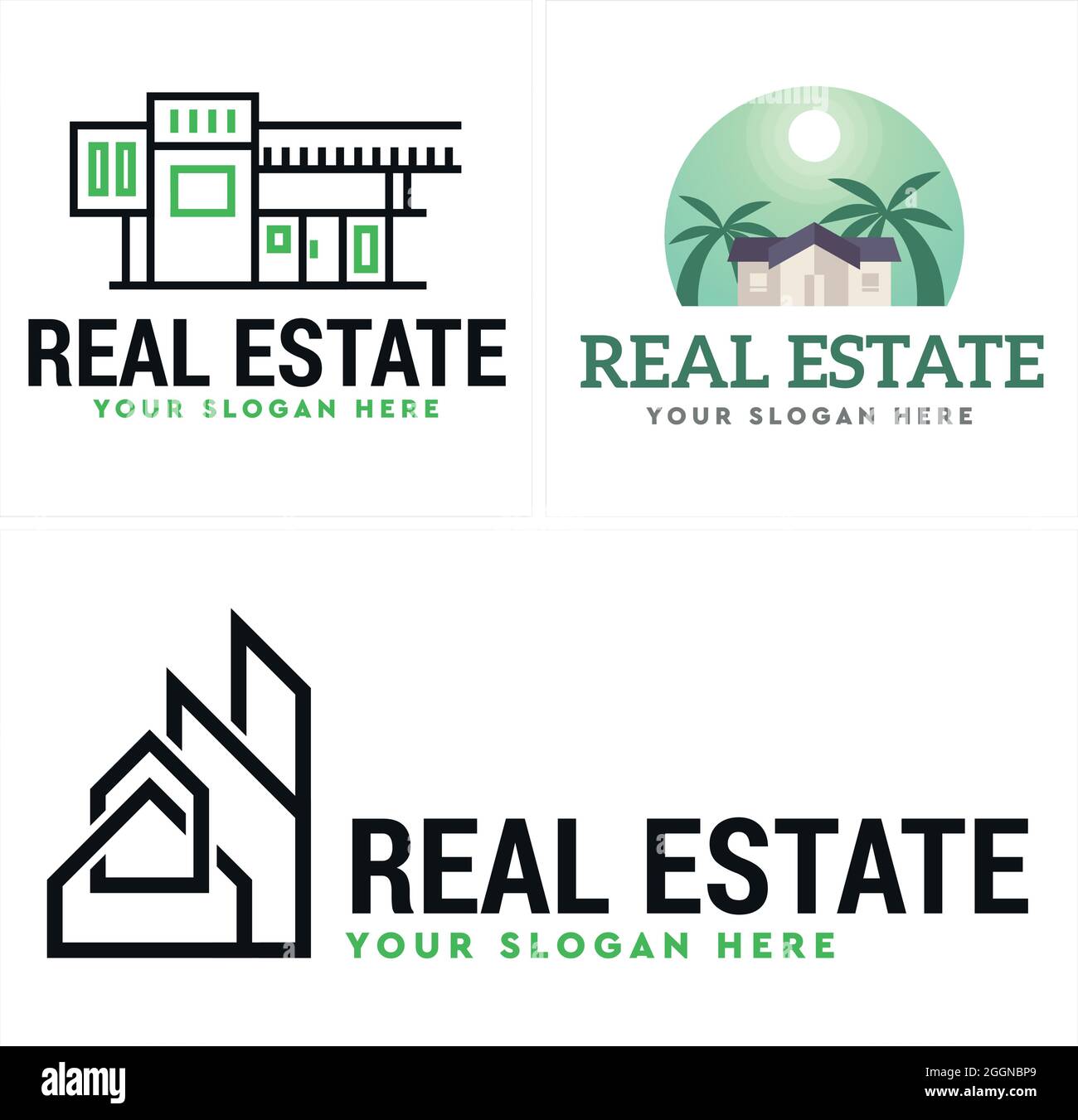 Immobilier bâtiment maison arbre paume logo design Illustration de Vecteur