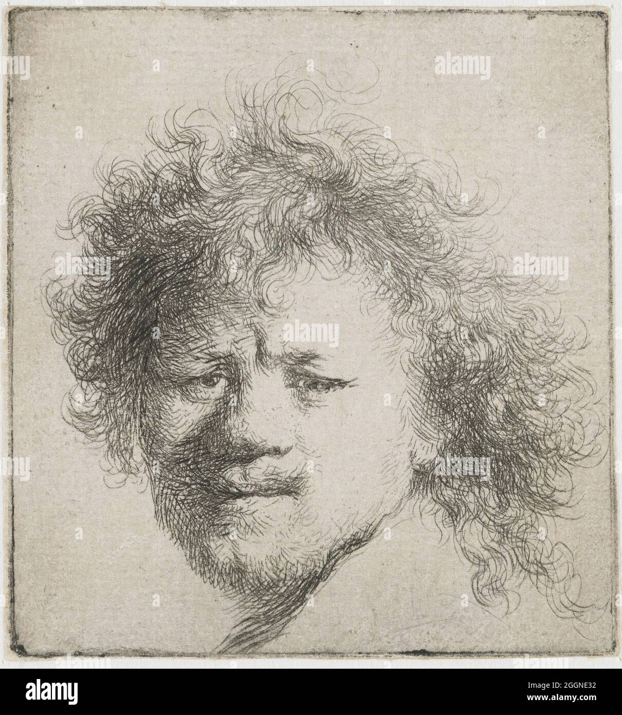 Autoportrait avec cheveux longs et broussaillés : tête uniquement. Musée : Rijksmuseum, Amsterdam. Auteur: Rembrandt van Rhijn. Banque D'Images