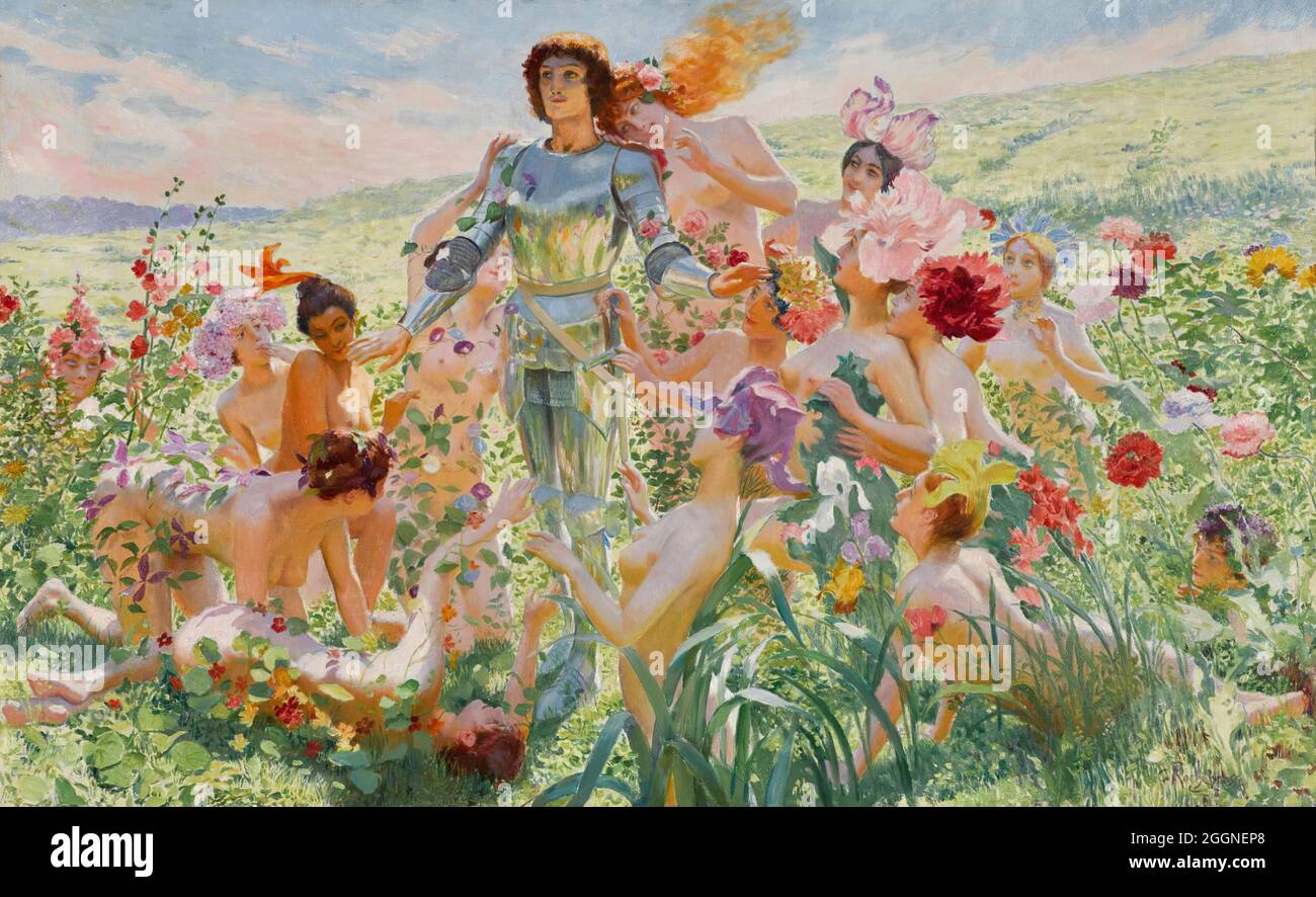 Le chevalier aux fleurs. Musée : Musée d'Orsay, Paris. Auteur: Georges Antoine Rochegrosse. Banque D'Images