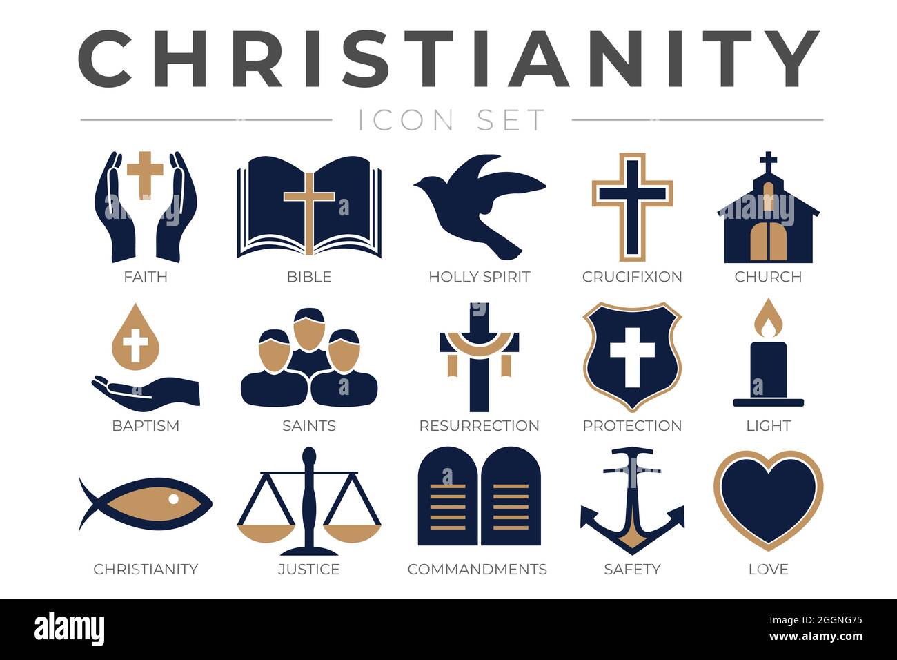 Ensemble d'icônes du christianisme avec foi, Bible, Crucifixion , Baptême, Église, Résurrection, Esprit Saint, Saints, Commandements, lumière, protection, Justice, sa Illustration de Vecteur