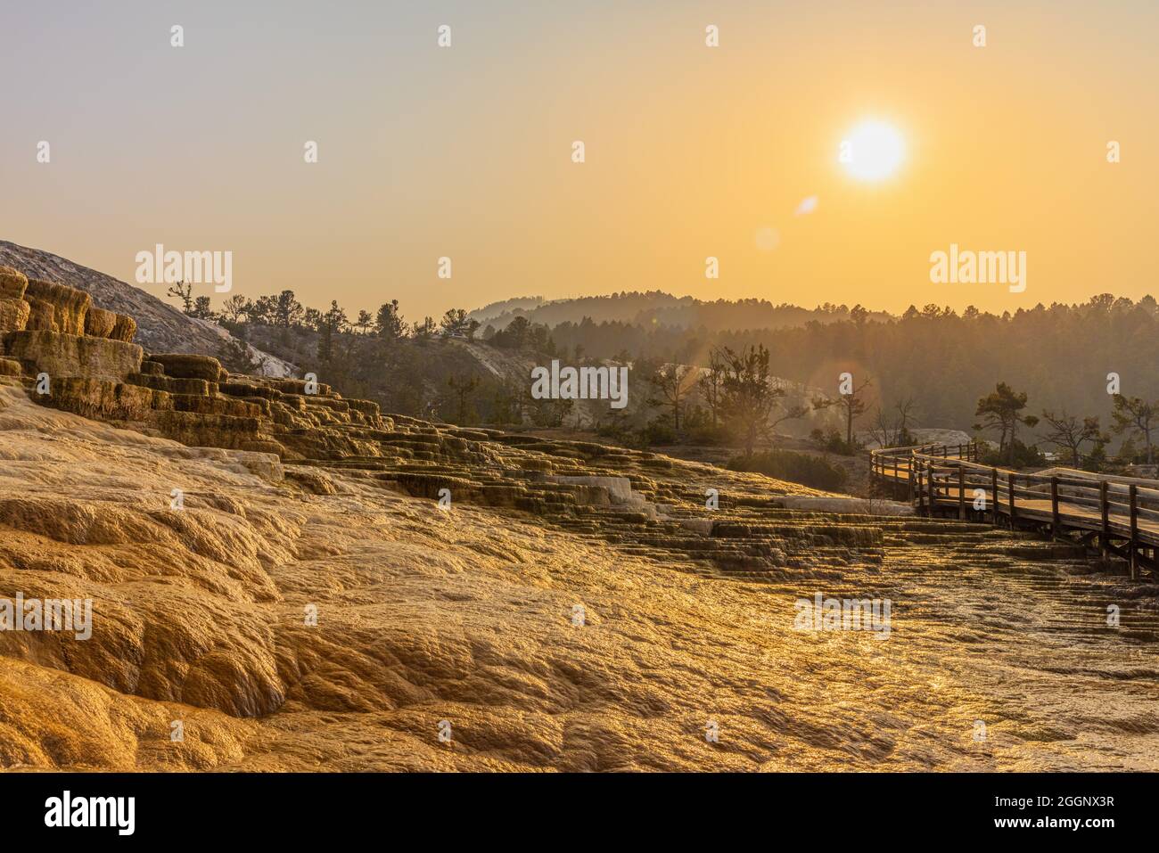 Coucher de soleil sur Mammoth Hot Springs au parc national de Yellowstone Banque D'Images