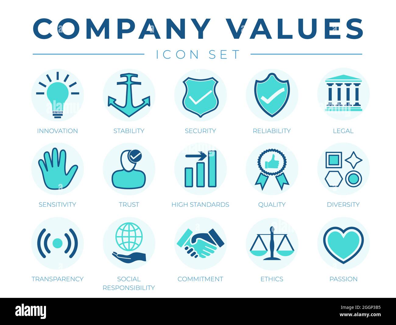 Ensemble d'icônes de valeurs de société d'affaires. Innovation, stabilité, sécurité, fiabilité, juridique, Sensibilité, confiance, haute qualité, qualité, diversité, Transpar Illustration de Vecteur