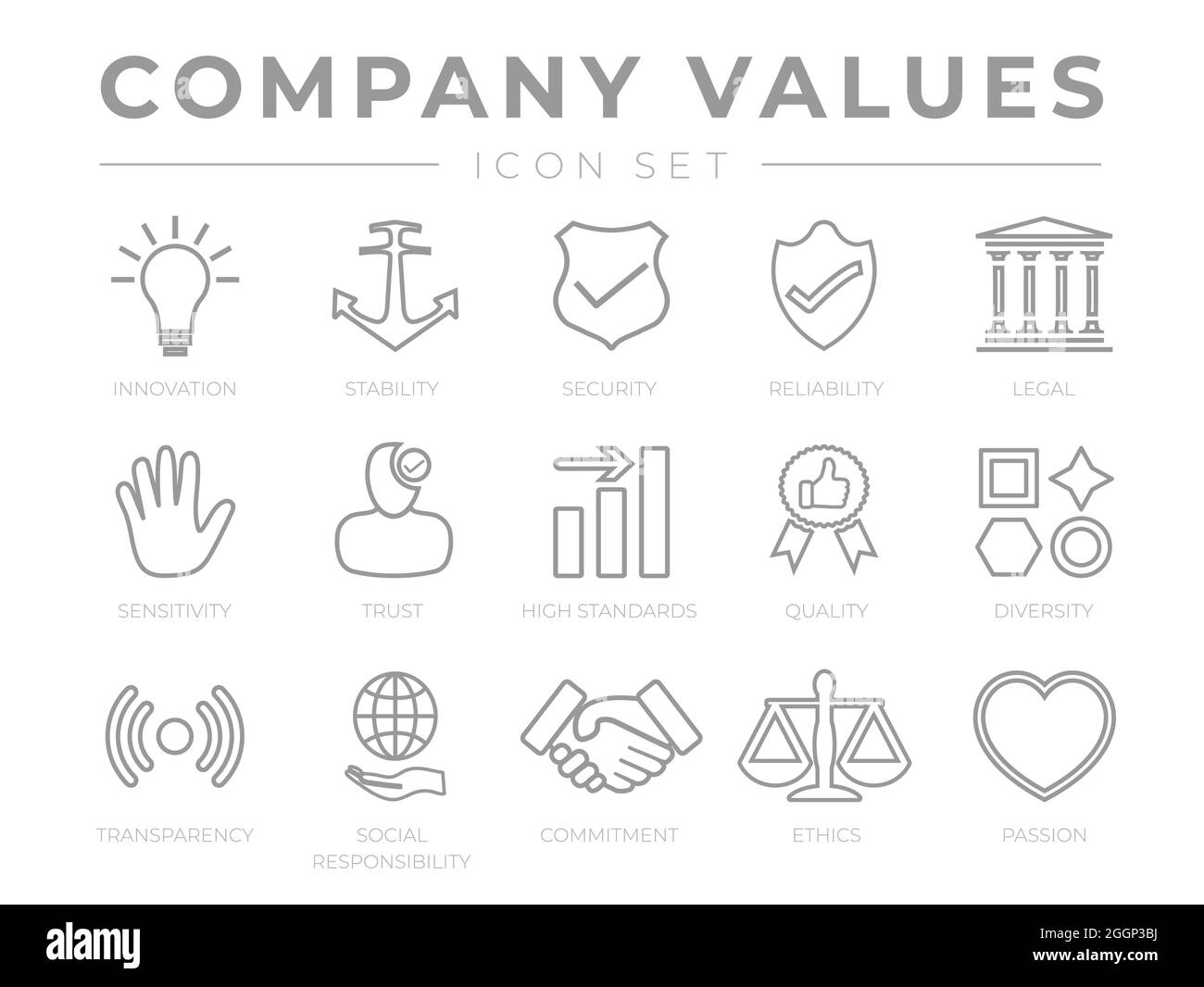 Définir l'ensemble d'icônes valeurs principales de l'entreprise. Innovation, stabilité, sécurité, fiabilité, juridique, Sensibilité, confiance, haute qualité, qualité, diversité, TRAN Illustration de Vecteur