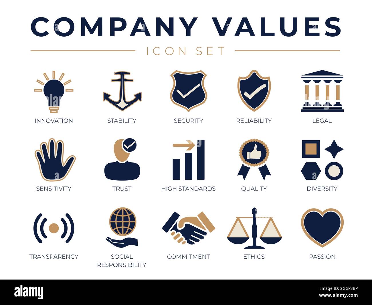 Ensemble d'icônes de valeurs de société d'affaires. Innovation, stabilité, sécurité, fiabilité, juridique, Sensibilité, confiance, haute qualité, qualité, diversité, Transpar Illustration de Vecteur