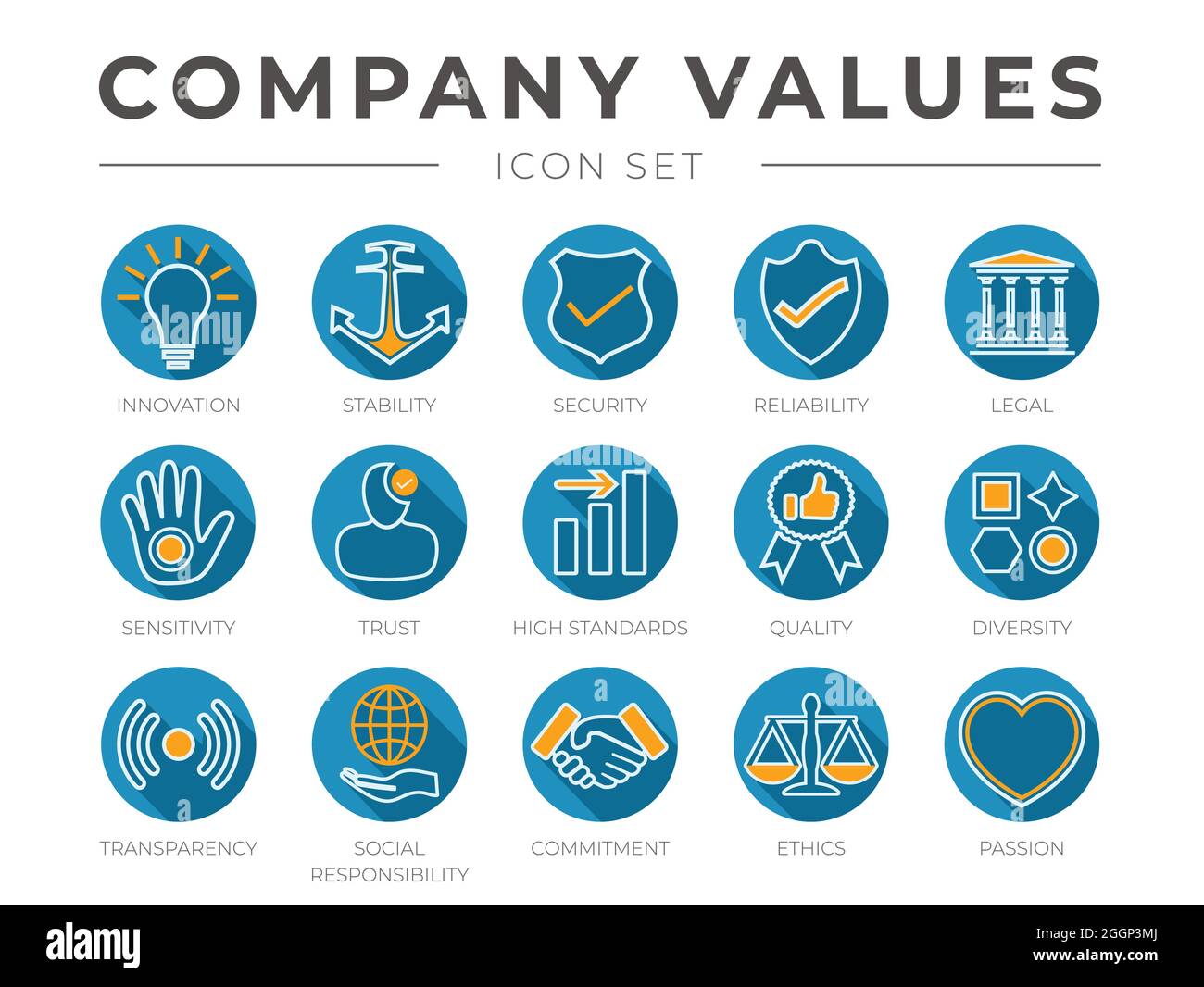 Jeu d'icônes Flat Colorful Outline Company Core Values. Innovation, stabilité, sécurité, fiabilité, juridique, Sensibilité, confiance, Standard élevé, qualité, D Illustration de Vecteur