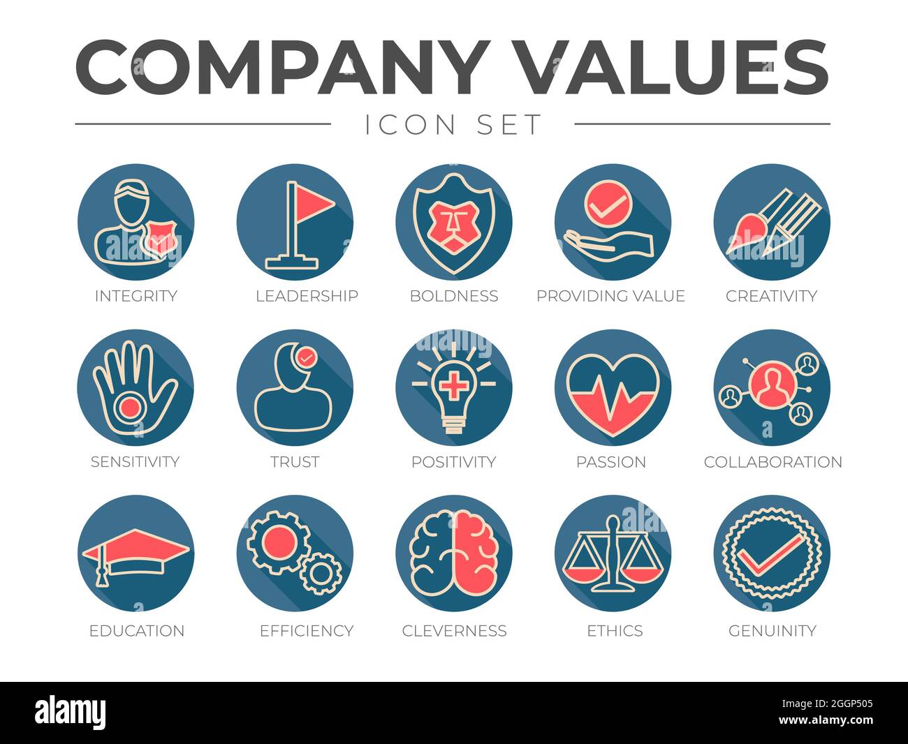 L'entreprise valorise le jeu d'icônes de couleur de contour circulaire. Intégrité, leadership, audace, valeur, créativité, Sensibilité, confiance, positivité, passion, Col Illustration de Vecteur