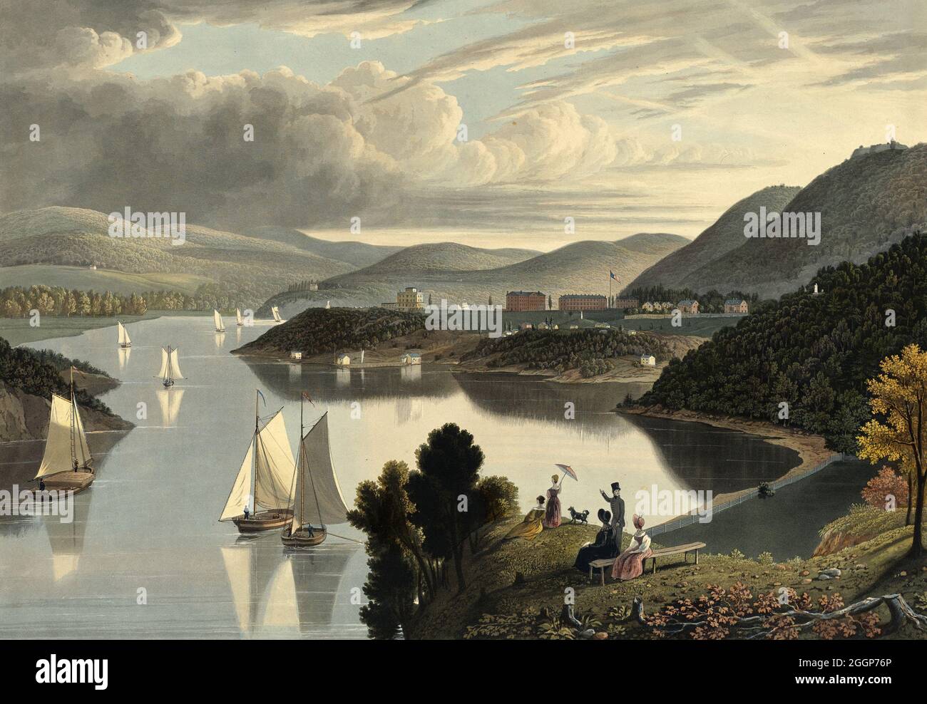 West point, depuis le dessus de la vallée de Washington et vue sur le fleuve, 1834.Aquatinte de couleur main de William James Bennett (1787-1844). Banque D'Images