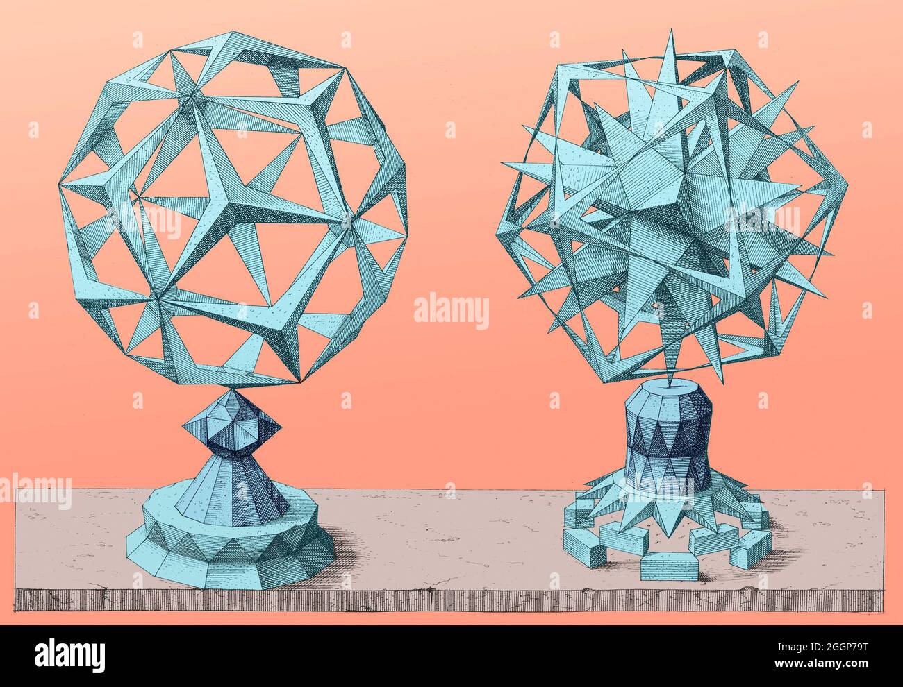 Variations polyédriques basées sur les cinq solides platoniques, ou « corps volumiques » : le tétraèdre, le cube, l'octaèdre, le dodécaèdre et l'icosaèdre.De Perspectiva Corporum Regularium (perspective des corps réguliers), un recueil de géométrie perspectivale destiné à montrer les compétences graphiques de Wenzel Jamnitzer, un célèbre orfèvre allemand du XVIe siècle.Gravé par Jost Amman (Suisse, 1539-1591) après Jamnitzer.Couleurs améliorées. Banque D'Images