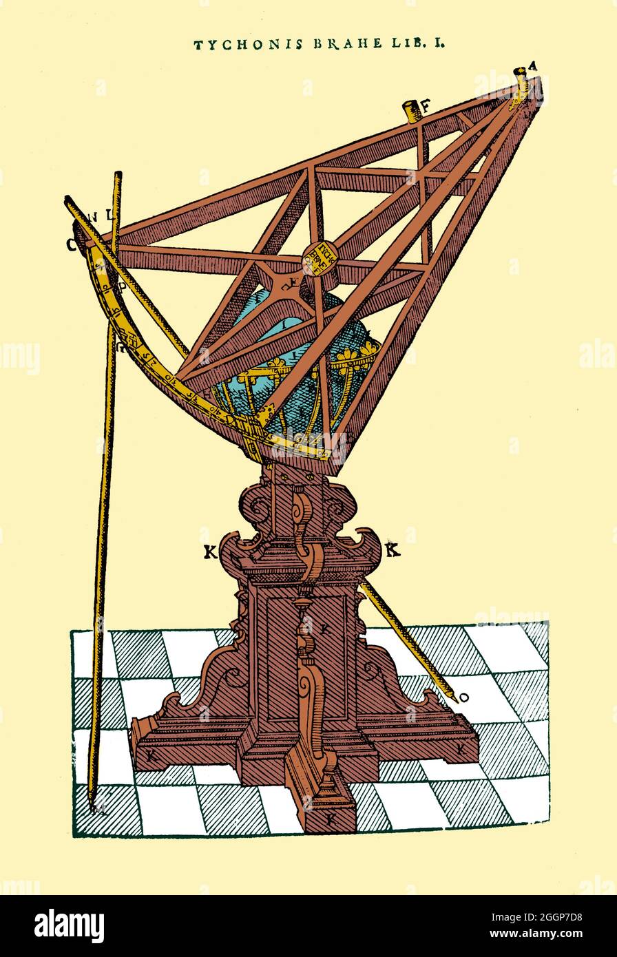 Illustration colorée du sextant triangulaire de Tycho Brahe. Banque D'Images