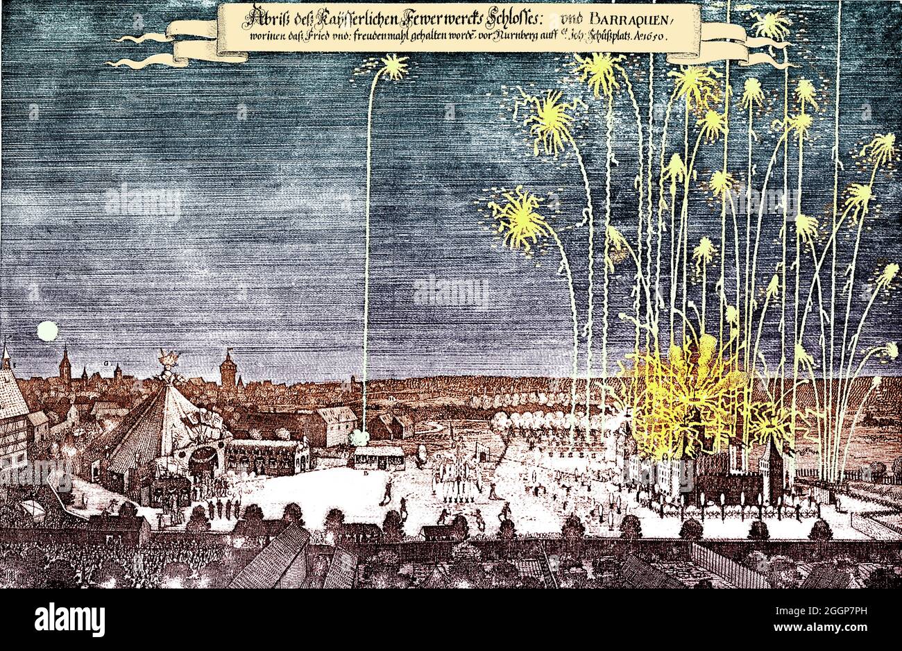 Illustration colorée d'un feu d'artifice à Nuremberg, en Allemagne, célébrant la fin de la guerre de trente ans, 1650. Banque D'Images Illustration colorée d'un feu d'artifice à Nuremberg, en Allemagne, célébrant la fin de la guerre de trente ans, 1650. Banque D'Images