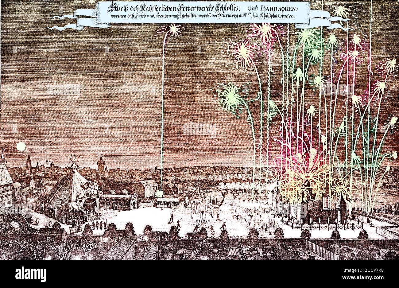 Illustration colorée d'un feu d'artifice à Nuremberg, en Allemagne, célébrant la fin de la guerre de trente ans, 1650. Banque D'Images Illustration colorée d'un feu d'artifice à Nuremberg, en Allemagne, célébrant la fin de la guerre de trente ans, 1650. Banque D'Images