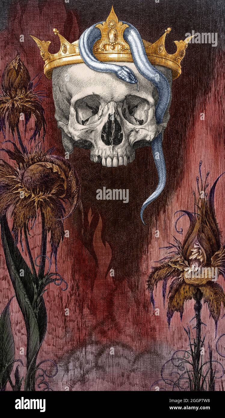 Illustration historique colorisée intitulée: 'Skull couronné de serpents et de fleurs, la duchesse de Malfi. Banque D'Images