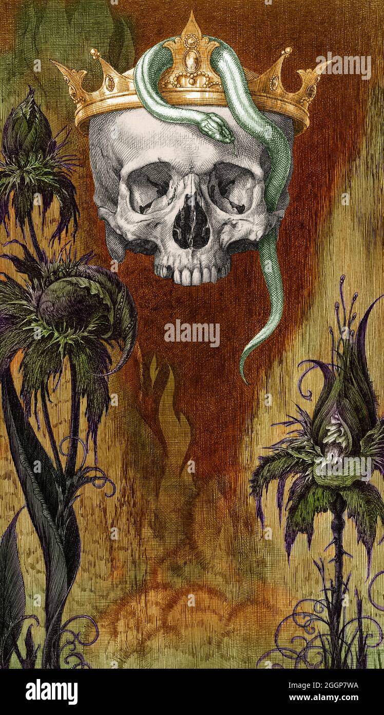 Illustration historique colorisée intitulée: 'Skull couronné de serpents et de fleurs, la duchesse de Malfi. Banque D'Images