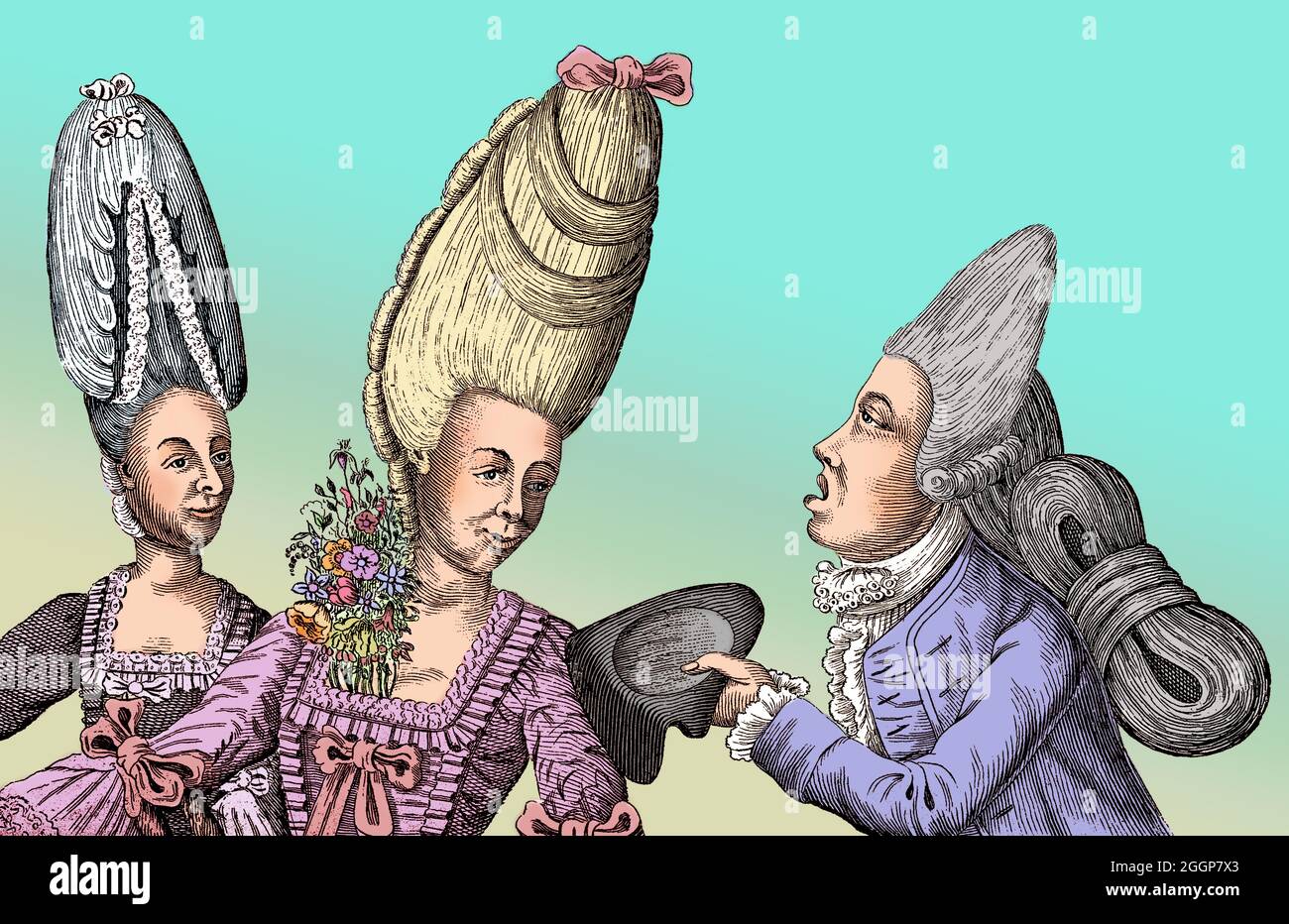 La tête et les épaules de deux femmes à la mode qui portent des perruques extrêmement hautes; à droite un gentleman les salue en les déportant son chapeau. Banque D'Images