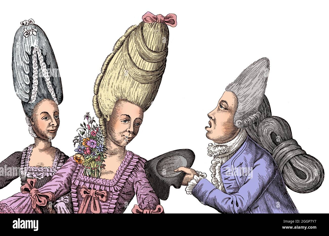 La tête et les épaules de deux femmes à la mode qui portent des perruques extrêmement hautes; à droite un gentleman les salue en les déportant son chapeau. Banque D'Images