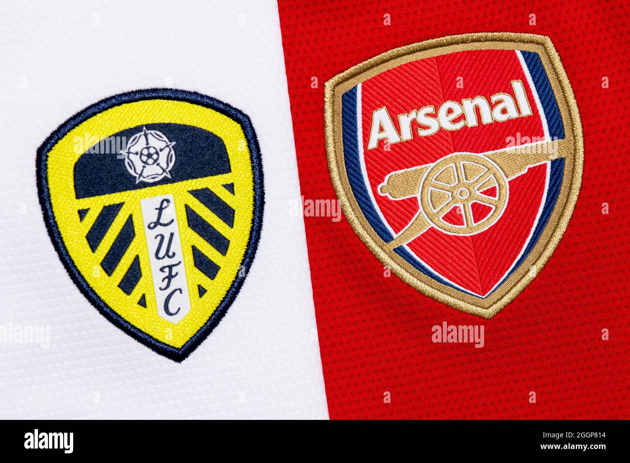 Gros plan sur l'écusson du club Leeds United et Arsenal. Banque D'Images