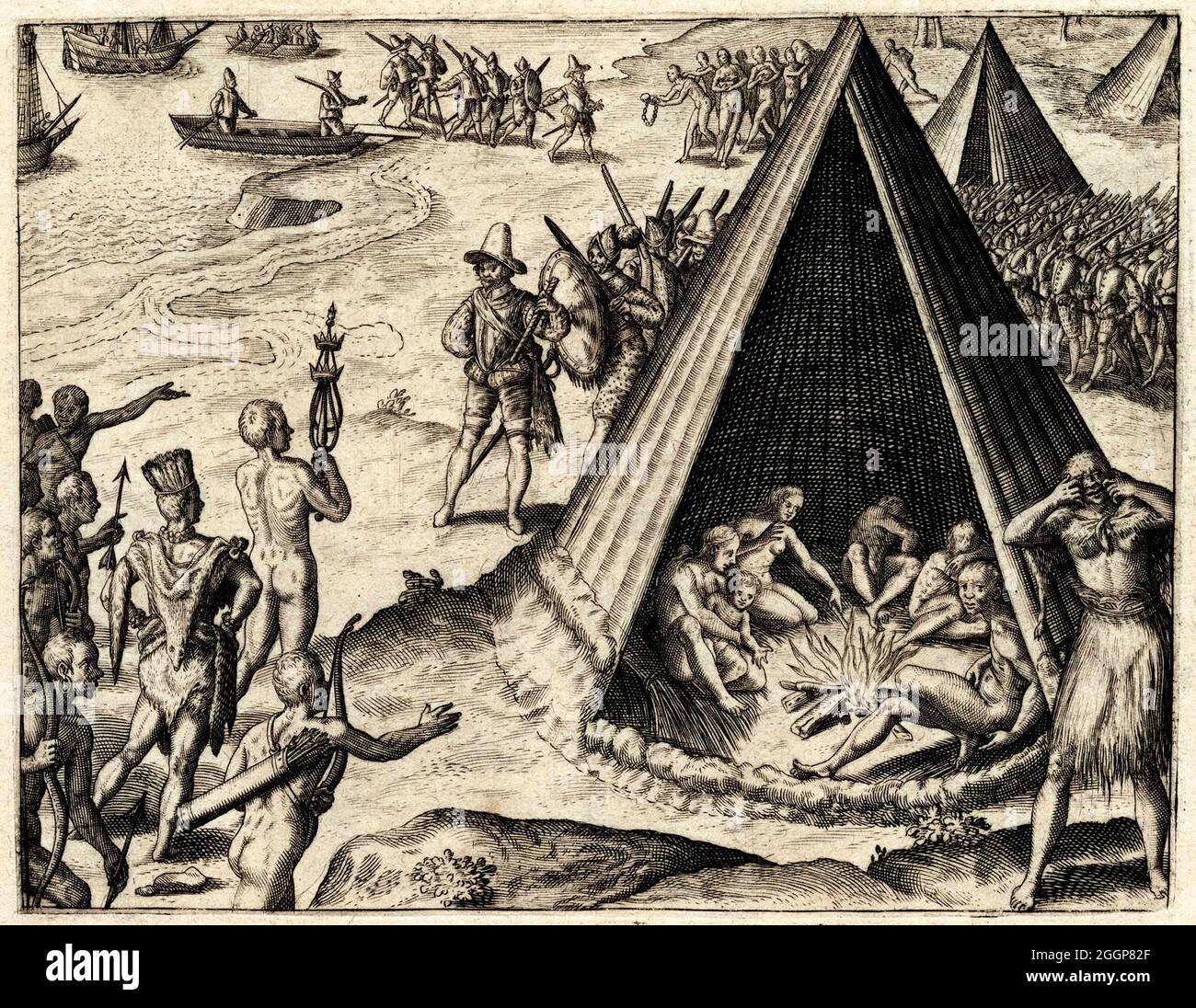 Sir Francis Drake rencontre les natifs californiens en 1579. Banque D'Images